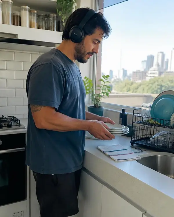 Homem lavando louça com fones de ouvido
