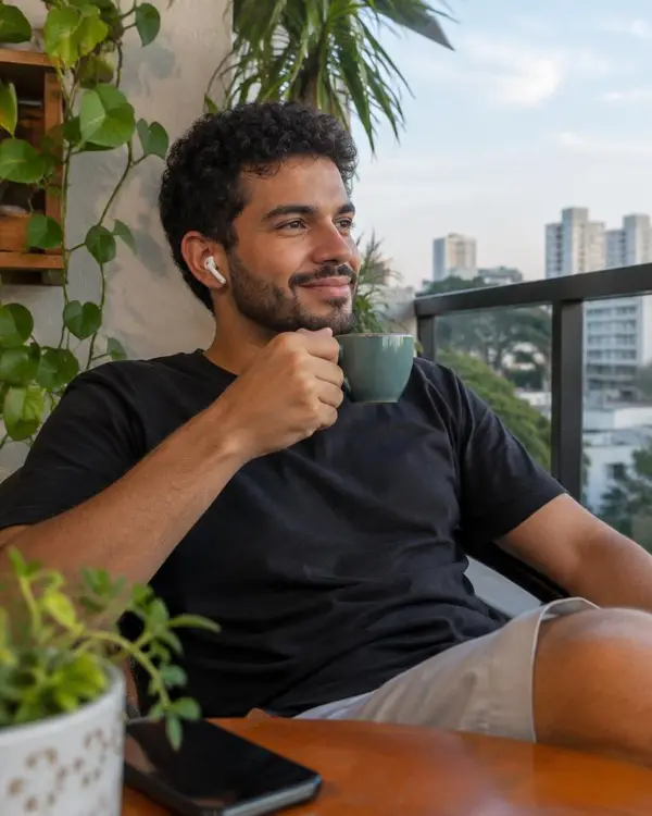 Homem tomando café na varanda com fones