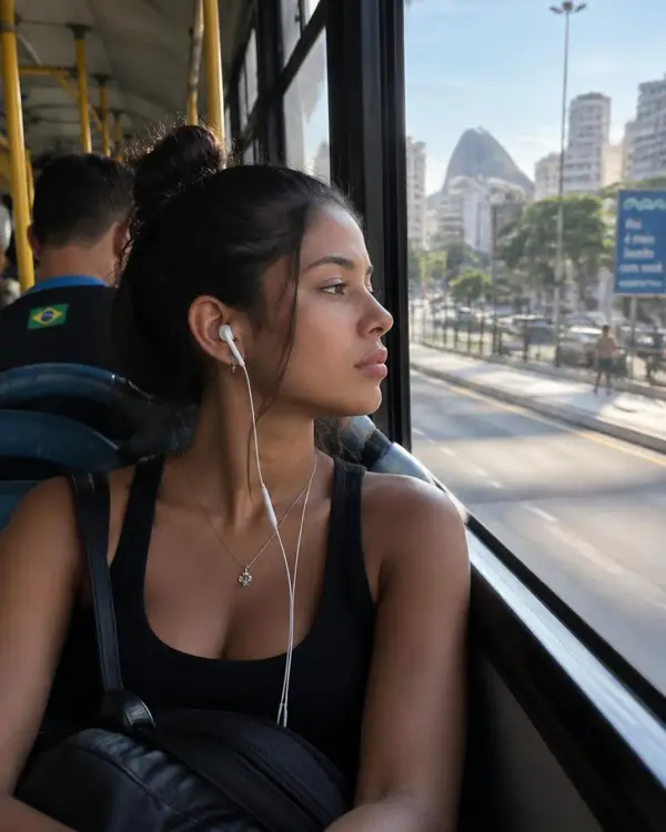 Mulher ouvindo música no ônibus